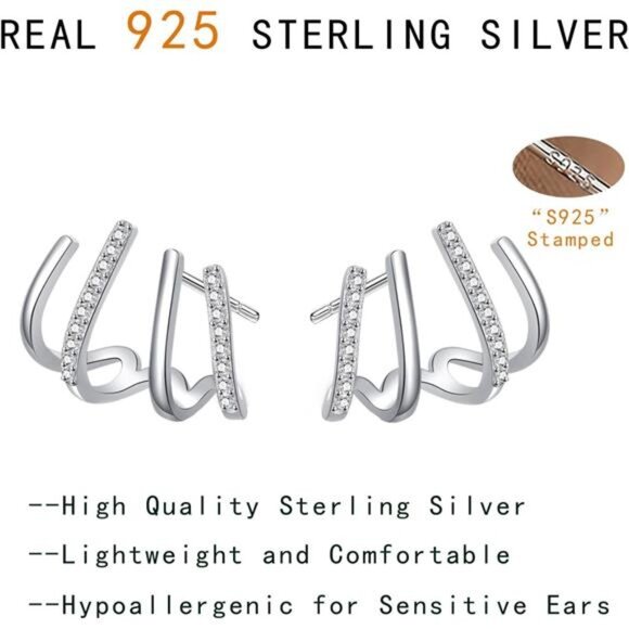 925 Sterling Silver Half Hoop Earrings Wrap for Women Cuff Piercings Studs - Picture 6 of 8